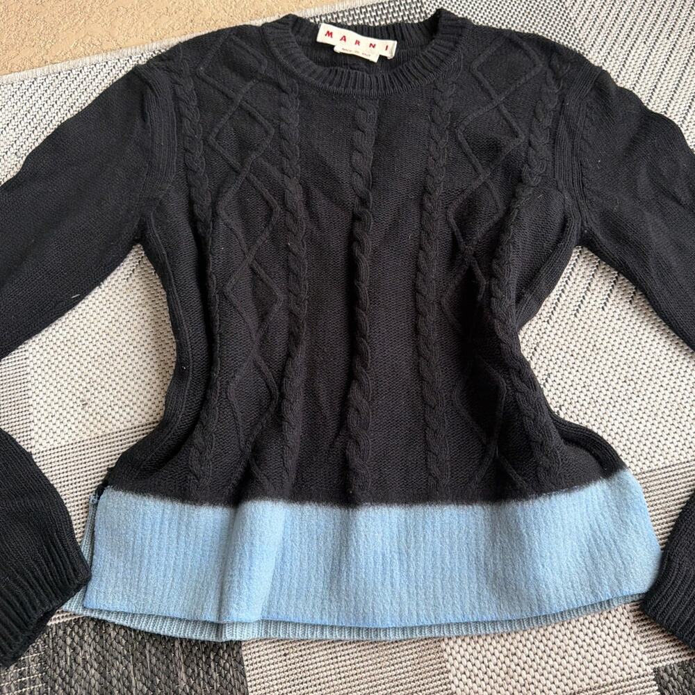 MARNI Women's Contrast Hem Crewneck Sweater Size 44 Black/Blue Cable Knit - Picture 4 of 8